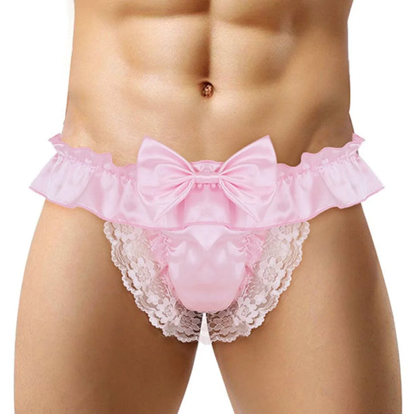 Men Sissy Bowknot Brief Gay Emulation Silk Underwear Floral Lace Sissy Open Butt Panties Erotic Lingerie Gay Mens Ruffle Briefs