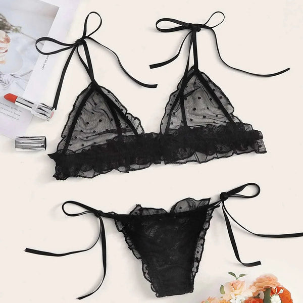 Women Lace Up Sexy Lingerie Underwear Set Dot Bandage Lace Mesh Wireless Sexy Bra Thong Set Porn Sleepwear Lenceria Para Damas