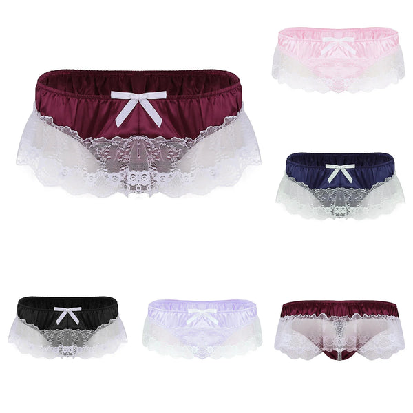 Sexy Mens Sissy Panties Soft Satin Lingerie Briefs Lace Low Rise Thong Male Underwear Bow G String Men Underpants трусы мужские