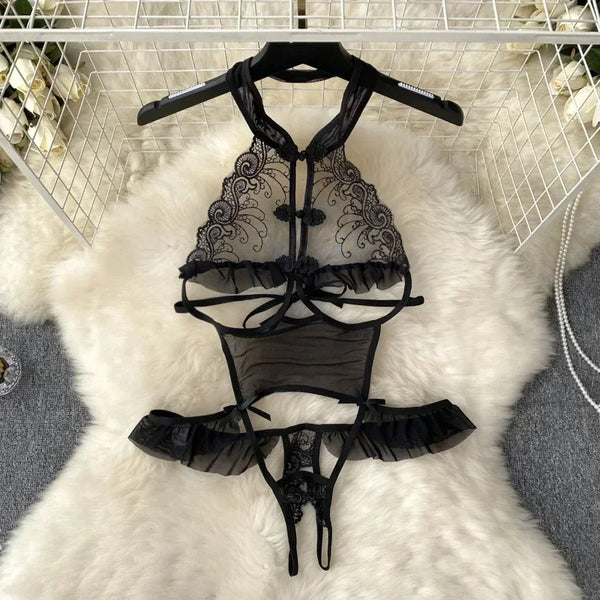 Female Sleevless Halter Playsuits Lace Sheer Open Crotch Lingerie Rompers Women Erotic Hollow Out Sexy Bodysuits Bow Jumpsuit