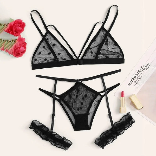 Women Plus Size Black Lingerie Set Seamless Underwear 2pcs Wire Free Bras And Thong Set Sheer Mesh Garters Teddy Sexy Lingerie