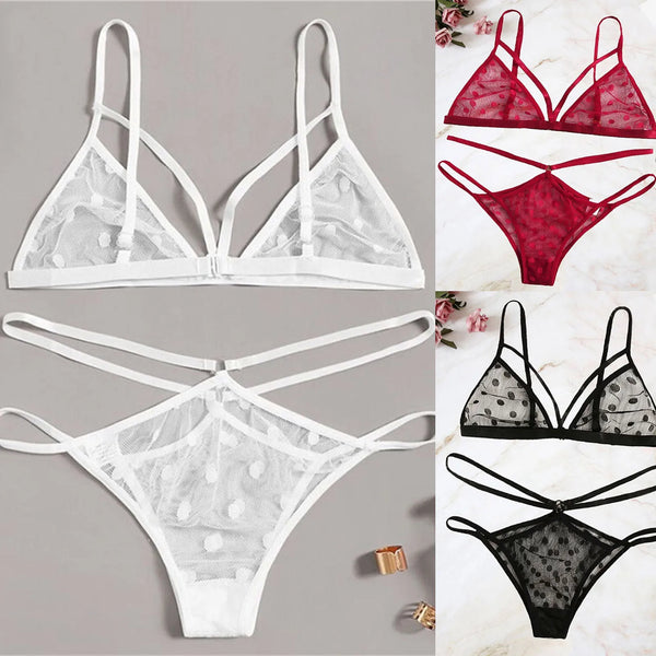 Women'S Polka Dot Lace Lingerie Set Mesh Perspective Sexy Bra Set Thong Underwear Set Women Black Red Lingerie Sexy Sets