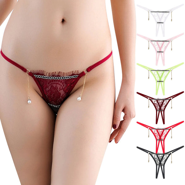 Sexy Open-Crotch Thongs Women Panties Lace G-String Pearl Pendant Erotic Lingerie T-Back Thong Low Waist Underwear трусы женские