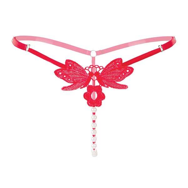 Butterfly Design Sexy G-String Women Open Crotch Adjustable Low Waist Thongs Crotchless Pearl Beading Sexy Lingerie T-Back