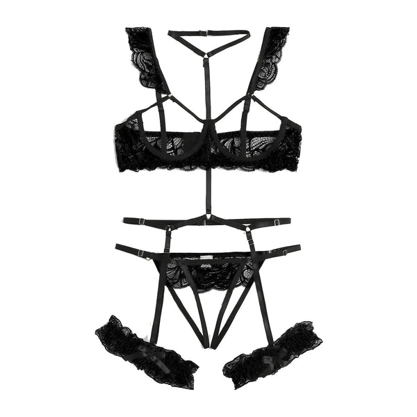 Women Underwire Sexy Lingerie Set 2pcs Halter Lace Panel Garters Porn Sleepwear Pajama Sets Erotic Clothing Seductive Lingerie